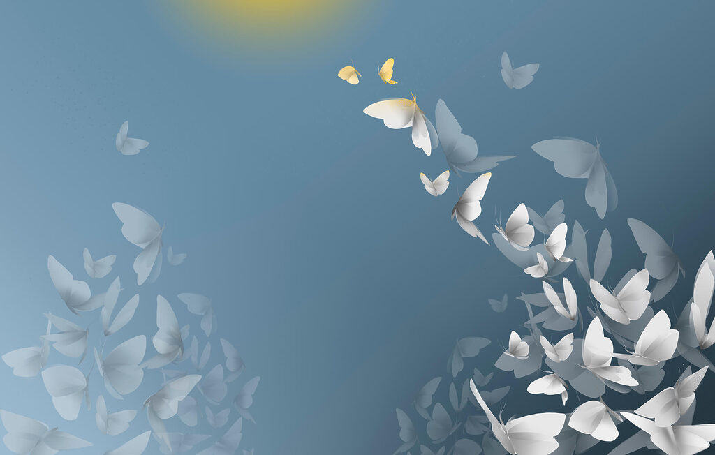 Butterflies rise over blue — full design