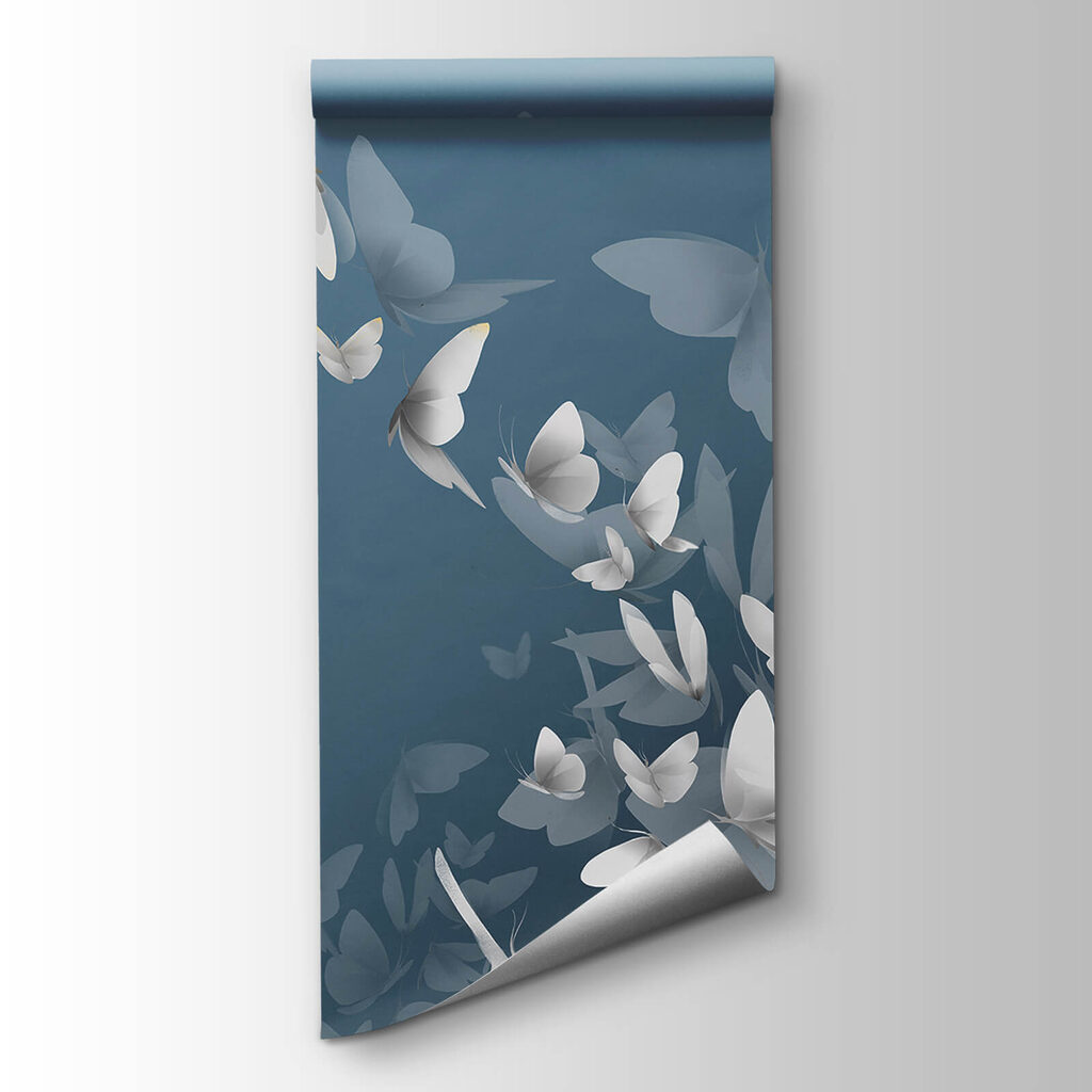 Butterflies rise over blue — product view