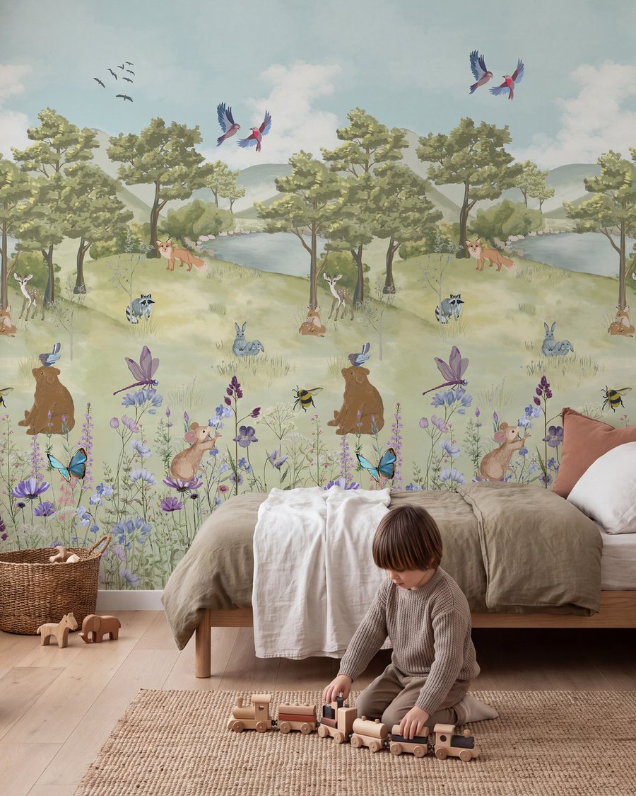 Woodland friends among meadow flowers in an interior