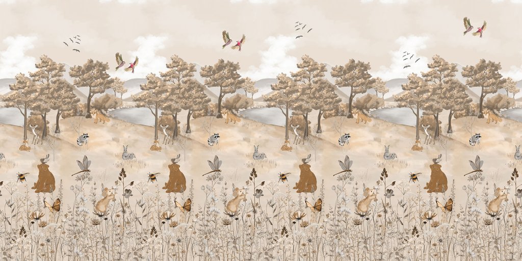 Woodland friends in soft sand tones — full design