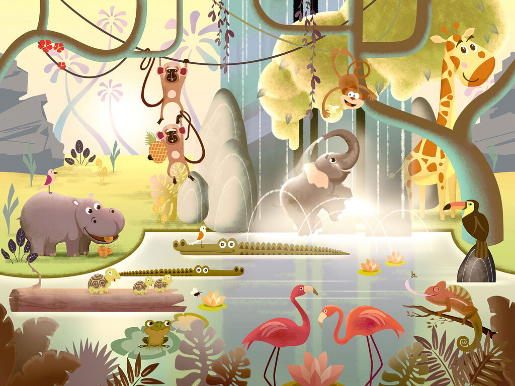 Jungle Waterfall Party — full design