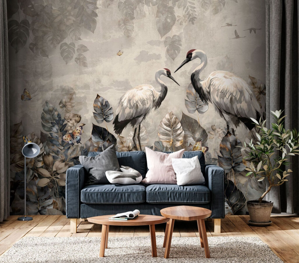 Cranes Among Leaves in an interior
