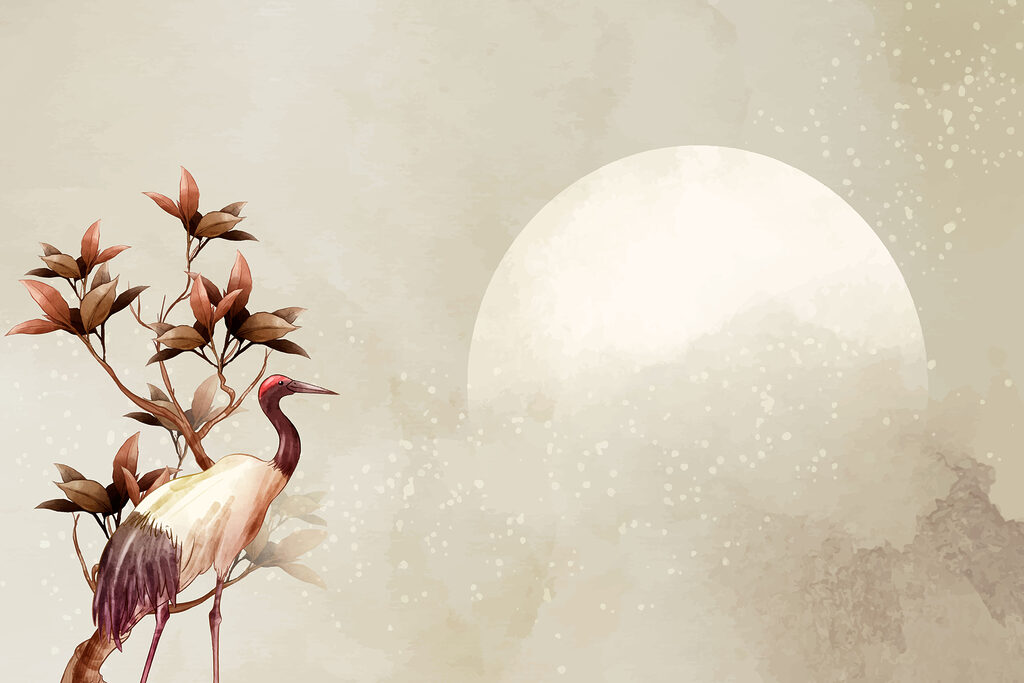 Crane beside a moon — full design