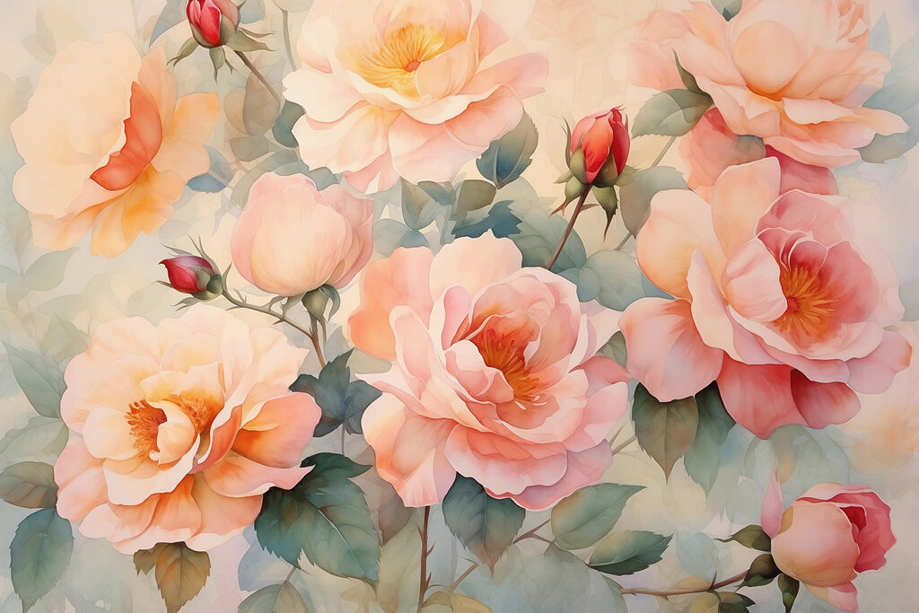 Peach roses, green leaves — full design