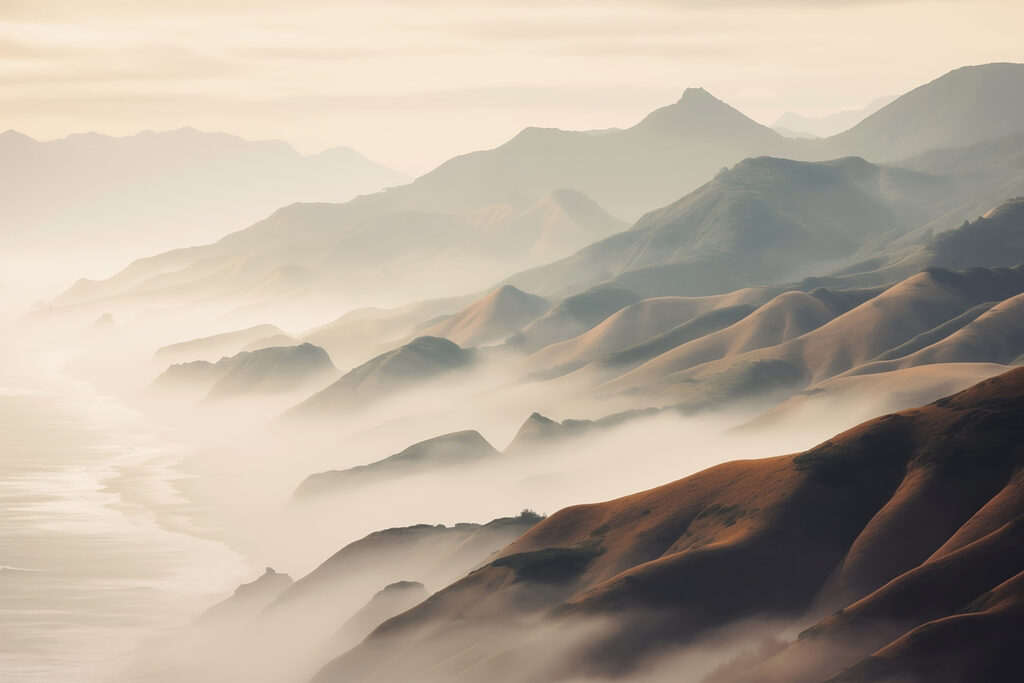 Golden mist over mountains — full design