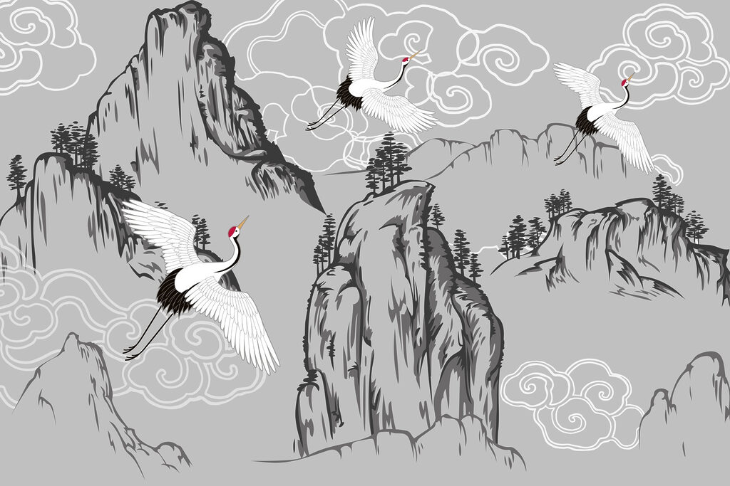 Cranes Above Rocky Peaks — full design