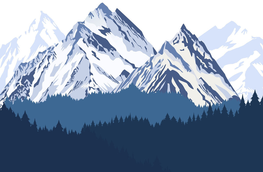 Snowy peaks over pines — full design