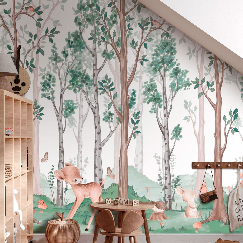 Deer between slender trunks — interior 2