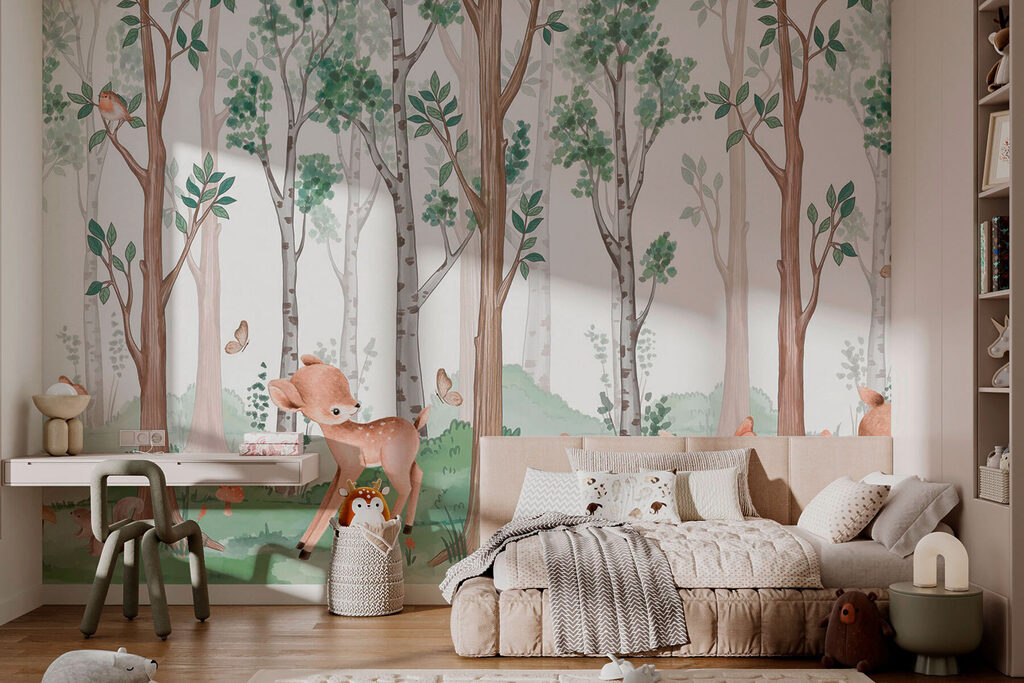 Deer between slender trunks — interior 3