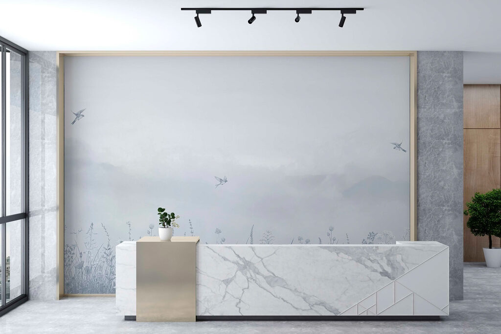 Birds Over Misty Meadows in an interior