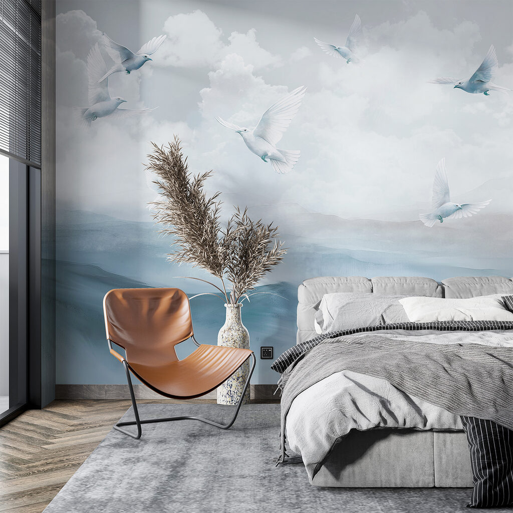 Birds Above Cloudy Hills in an interior