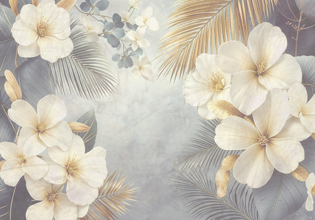 White flowers, golden fans — full design