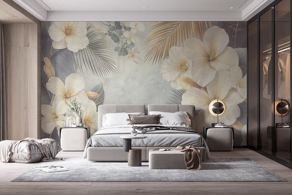 White flowers, golden fans — interior 1