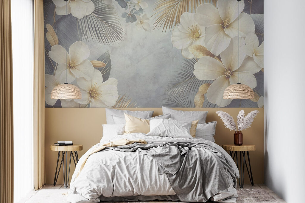 White flowers, golden fans — interior 2